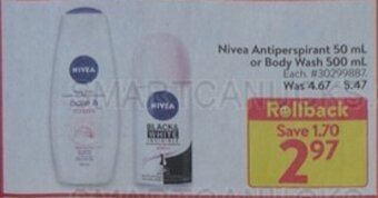 Walmart Nivea Antiperspirant 50 mL or Body Wash 500 mL offer