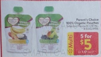 Walmart Parent's Choice 100% Organic Pouches 128 mL offer