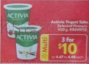 Walmart Activia Yogurt Tubs 650 g offer