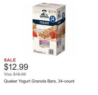 Costco Quaker yogurt granola bars, 34-count offer