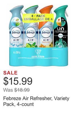 Costco Febreze air refresher, variety pack, 4-count offer