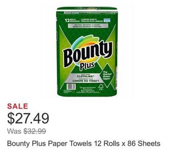 Costco Bounty plus paper towels 12 rolls x 86 sheets offer