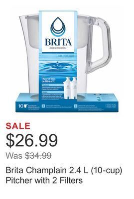 Costco Brita champlain 2.4 l (10-cup) pitcher with 2 filters offer