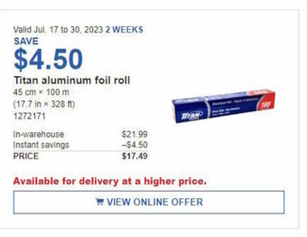 Costco Titan aluminum foil roll offer
