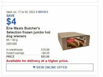 Costco Erie Meats Butcher's Selection frozen jumbo hot dog wieners offer