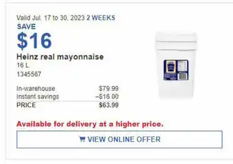 Costco Heinz real mayonnaise 16L offer