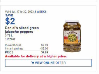 Costco Daniel's sliced green jalapeño peppers offer