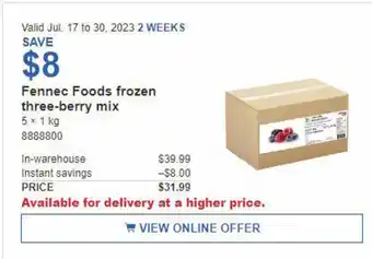 Costco Fennec Foods frozen three-berry mix 5 x 1 kg offer