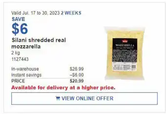 Costco Silani shredded real mozzarella 2kg offer