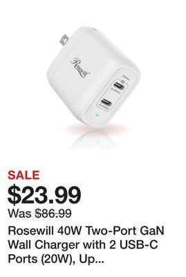 Newegg Rosewill 40w two-port gan wall charger with 2 usb-c ports (20w), up to 30w single port output, pd 3.0 power delivery for lapt offer