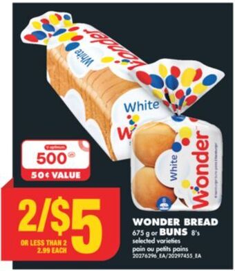 No Frills Wonder bread, 675 g or buns, 8's offer