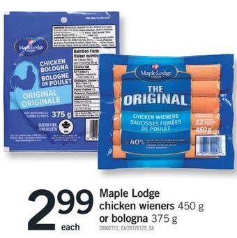 Fortinos Maple lodge chicken wieners 450 g or bologna 375 g offer