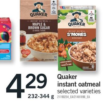 Fortinos Quaker instant oatmeal, 232-344 g offer