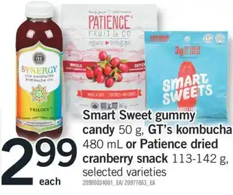 Fortinos Sweet gummy candy 50 g, gt's kombucha 480 ml or patience dried cranberry snack 113-142 g, 113-142 g offer