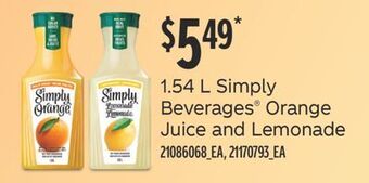 Fortinos 1.54 l simply beverages® orange juice and lemonade offer