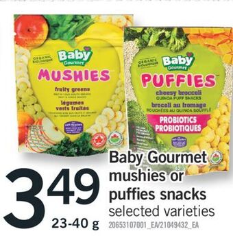 Fortinos Baby gourmet mushies or puffies snacks, 23-40 g offer