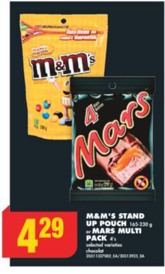 No Frills M & m's stand up pouch 165-230 g or mars multi pack 4's offer