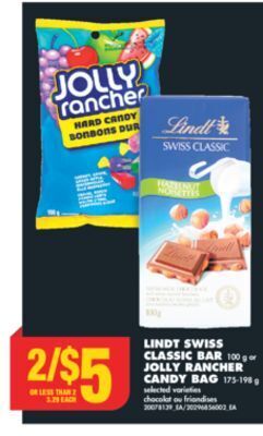 No Frills Lindt swiss classic bar, 100 g or jolly rancher candy bag, 175-198 g offer