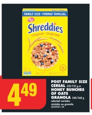 No Frills Post family size cereal, 550-725 g or honey bunches of oats granola, 340/368 g offer