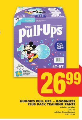No Frills Huggies pull ups or goodnites club pack training pants, 28-74's offer