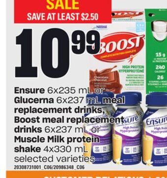 Loblaws Ensure, 6x235 ml or glucerna, 6x237 ml meal replacement drinks, boost meal replacement drinks, 6x237 ml or muscle milk protei offer