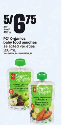 Loblaws Pc® organics baby food pouches, 128 ml offer