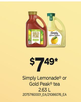 Loblaws Simply lemonade® or gold peak® tea, 2.63 l offer