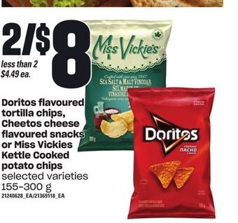 Loblaws Doritos flavoured tortilla chips, cheetos cheese flavoured snacks or miss vickies kettle cooked potato chips, 155-300 g offer