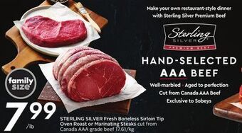 Sobeys Fresh boneless sirloin tip oven roast or marinating steaks offer