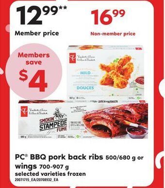 Loblaws Pc® bbq pork back ribs, 500/680 g or wings, 700-907 g offer