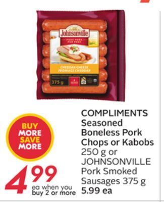 Sobeys Compliments seasoned boneless pork chops or kabobs offer