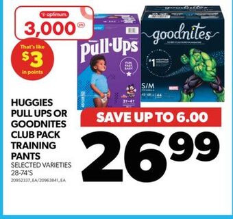 Real Canadian Superstore Huggies pull ups or goodnites club pack training pants, 28-74's offer