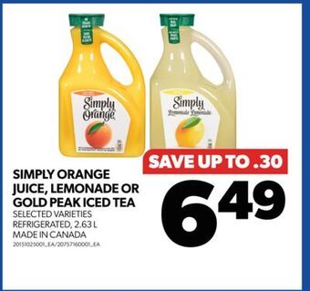 Real Canadian Superstore Simply orange juice, lemonade or gold peak iced tea, 2.63 l offer