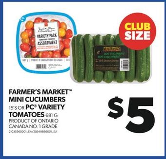 Real Canadian Superstore Farmer's market™ mini cucumbers, 15's or pc® variety tomatoes, 681 g offer