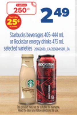 Real Canadian Superstore Starbucks beverages, 405-444 ml or rockstar energy drinks, 473 ml offer