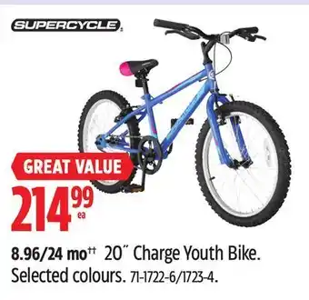 Canadian Tire Supercycle 20˝ charge youth bike. selected colours offer