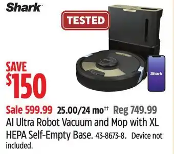 Canadian Tire Shark ai ultra robot vacuum and mop with xl hepa self-empty base offer