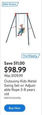 Walmart Outsunny kids metal swing set w/ adjustable rope 3-8 years old offer