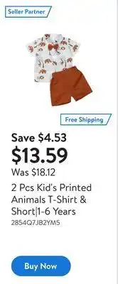 Walmart 2 pcs kid's printed animals t-shirt & short|1-6 years offer