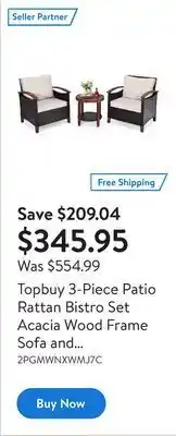 Walmart Topbuy 3-piece patio rattan bistro set acacia wood frame sofa and side table red offer