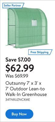 Walmart Outsunny 7' x 3' x 7' outdoor lean-to walk-in greenhouse offer