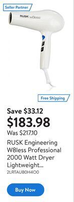 Walmart Rusk engineering w8less professional 2000 watt dryer lightweight penetrates hair deeply faster drying time eliminates static offer
