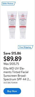 Walmart Elta md uv elements tinted facial sunscreen broadspectrum spf 44 2 oz 2 pack offer