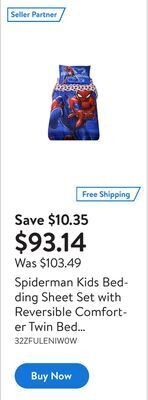 Walmart Spiderman kids bedding sheet set with reversible comforter twin bed in bag 4 pcs set for kids offer