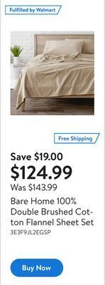 Walmart Bare home 100% double brushed cotton flannel sheet set offer