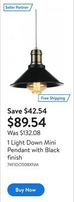Walmart 1 light down mini pendant with black finish offer