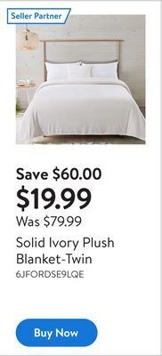 Walmart Solid ivory plush blanket-twin offer