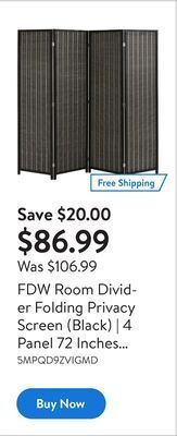Walmart Fdw room divider folding privacy screen (black) | 4 panel 72 inches high 17.7 inches wide room divider for living room bedroo offer