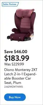 Walmart Diono monterey 2xt latch 2-in-1 expandable booster car seat, plum offer