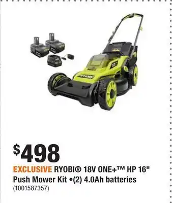 Home Depot Exclusive ryobi® 18v one+™ hp 16 push mower kit •(2) 4.0ah batteries offer